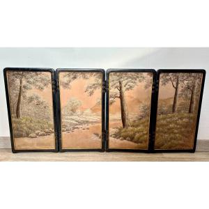 Japanese Black Lacquered And Silk Screen Circa 1900