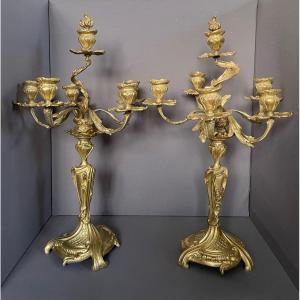 Paire De Candélabres En Bronze Doré Style Louis XV 