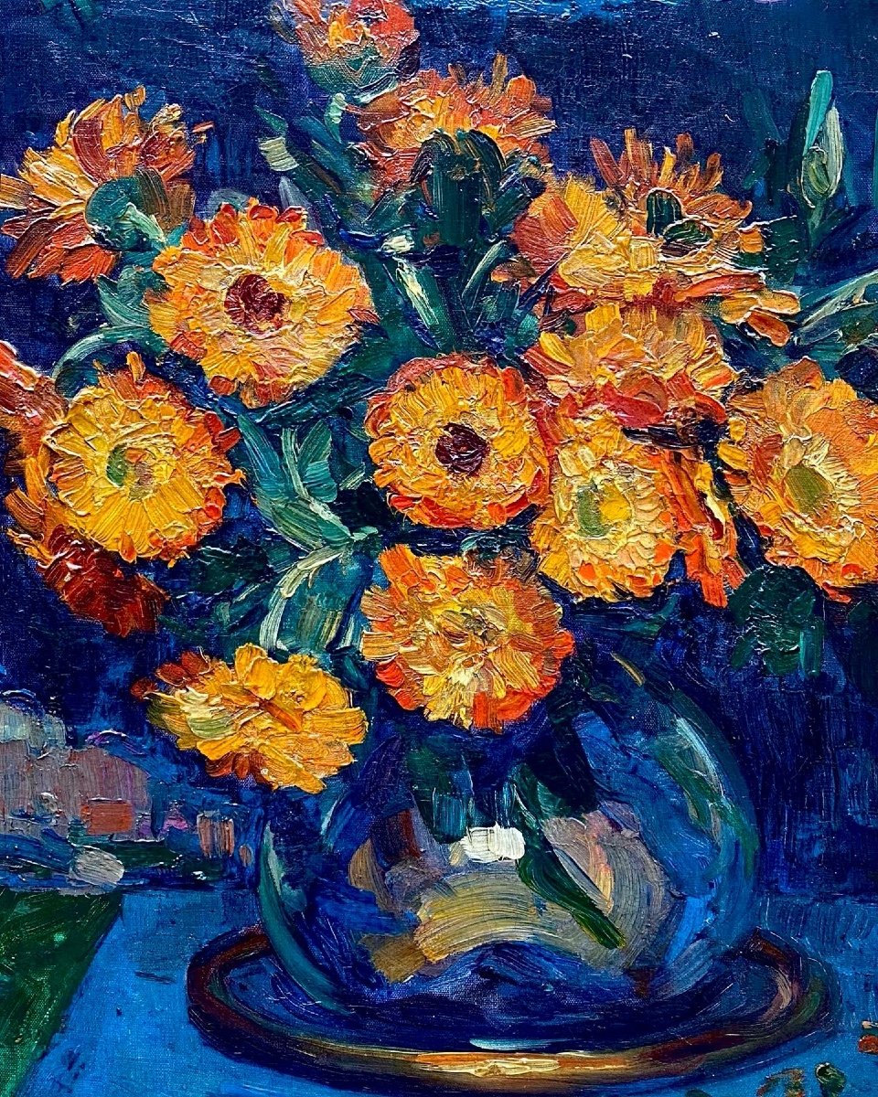 Vase Of Orange Gerberas, Hubert Glansdorff, Brussels 1877 – 1963 Knokke, Belgian, Signed-photo-2