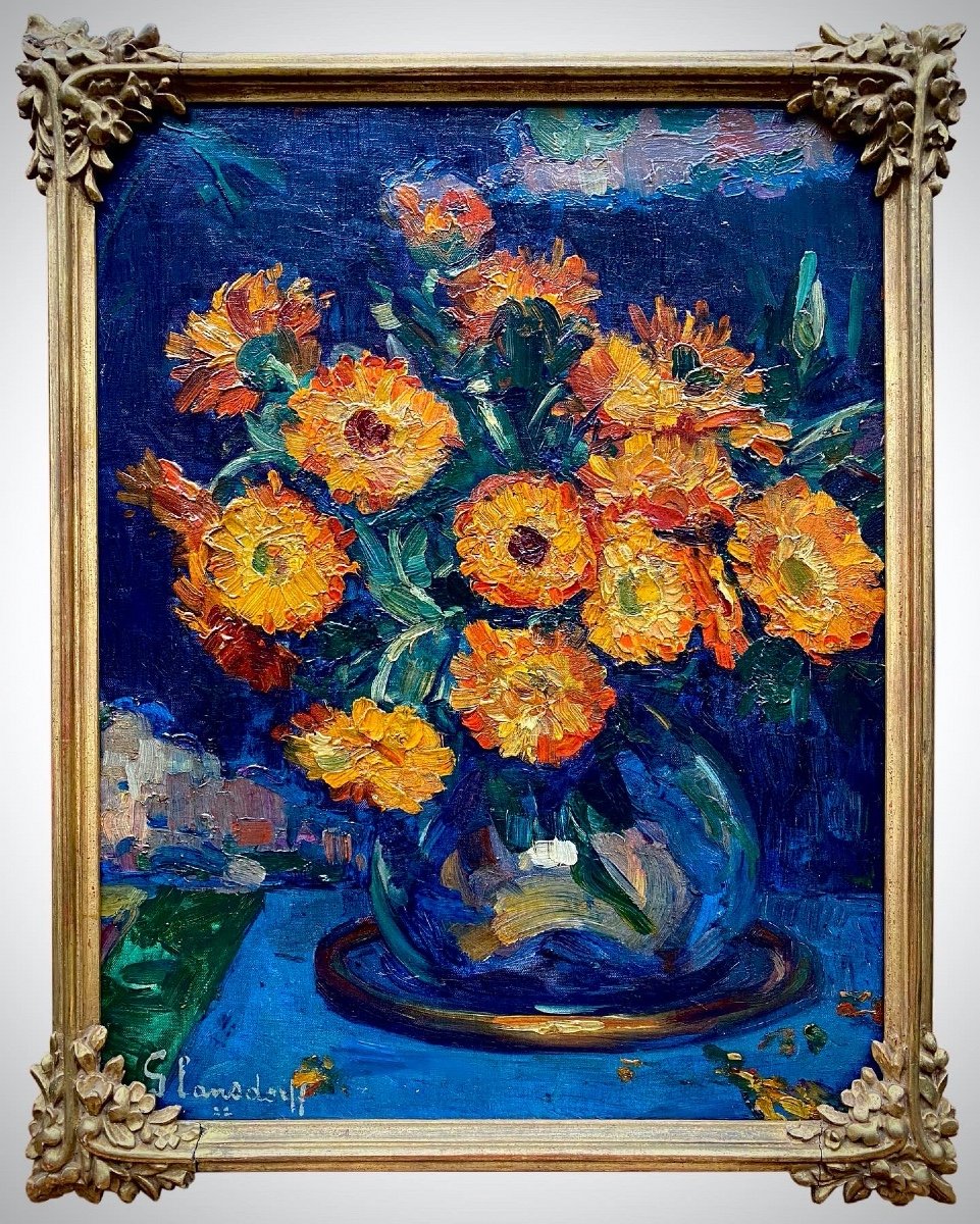 Vase Of Orange Gerberas, Hubert Glansdorff, Brussels 1877 – 1963 Knokke, Belgian, Signed