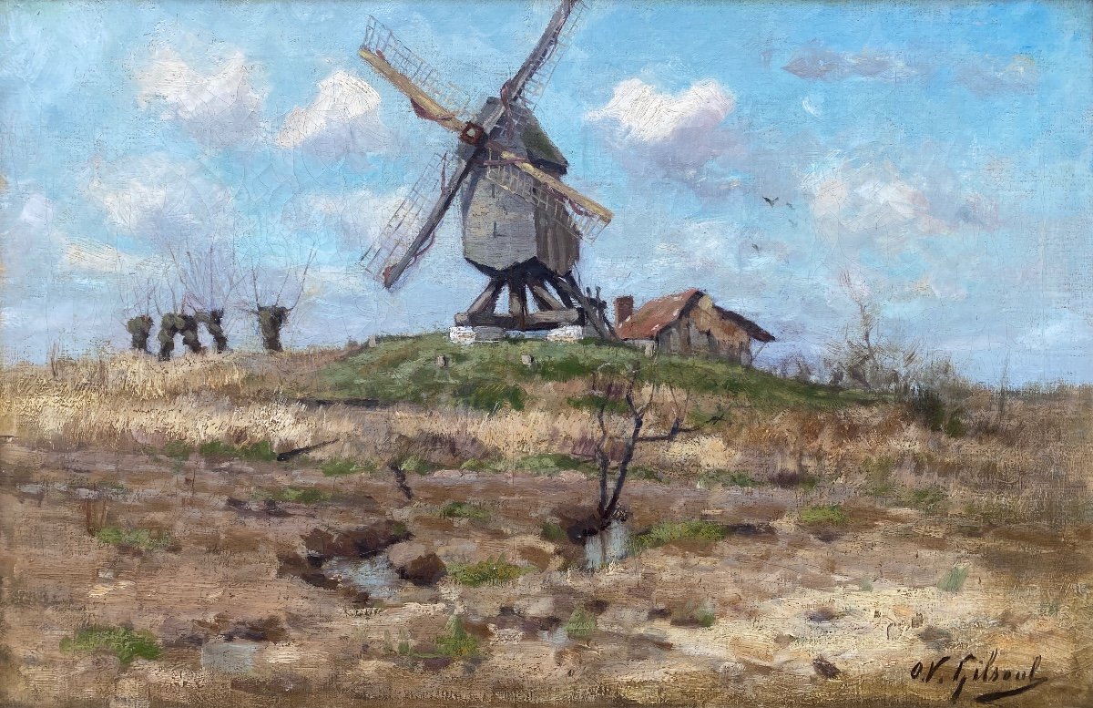 Victor Gilsoul, Brussels 1867 - 1943, Belgian Painter, A Landscape With A Mill, Oil On Canvas-photo-2