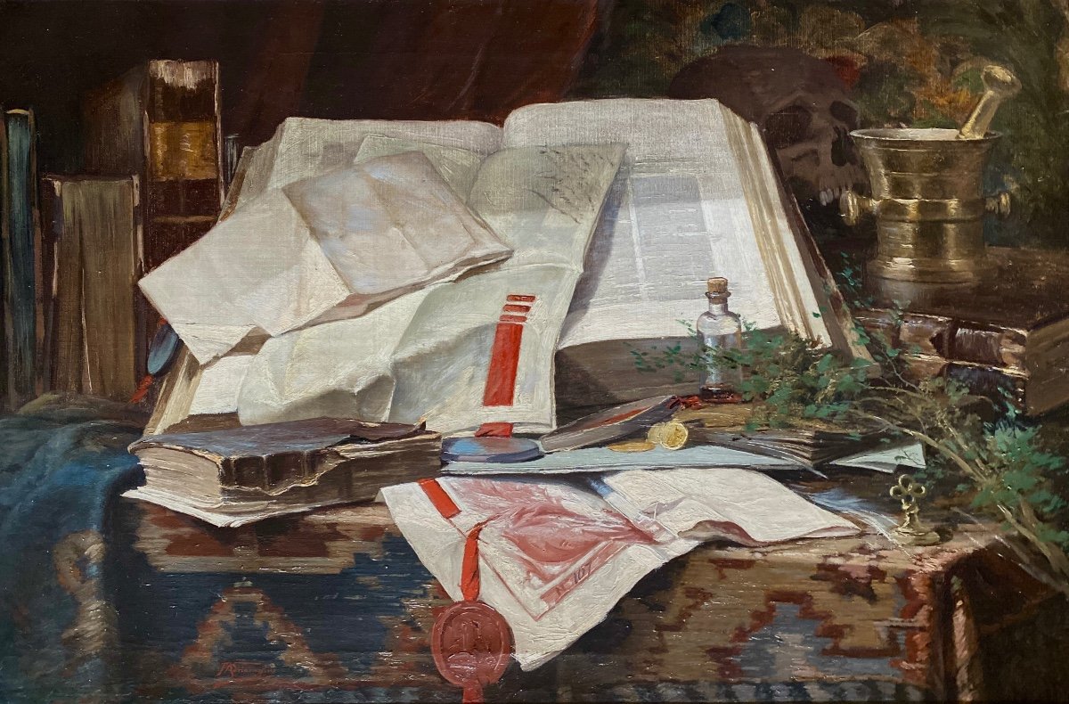 Fernand Adriaenssens, Anvers 1859 - 1944, Peintre Belge, Nature Morte Avec Des Livres-photo-2