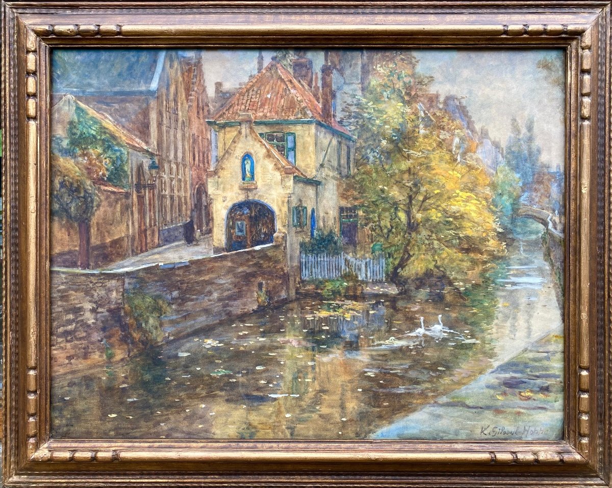 Ketty Gilsoul - Hoppe, Düsseldorf 1868 – 1939 Ixelles, Peintre Belge, Vue De Bruges, Aquarelle