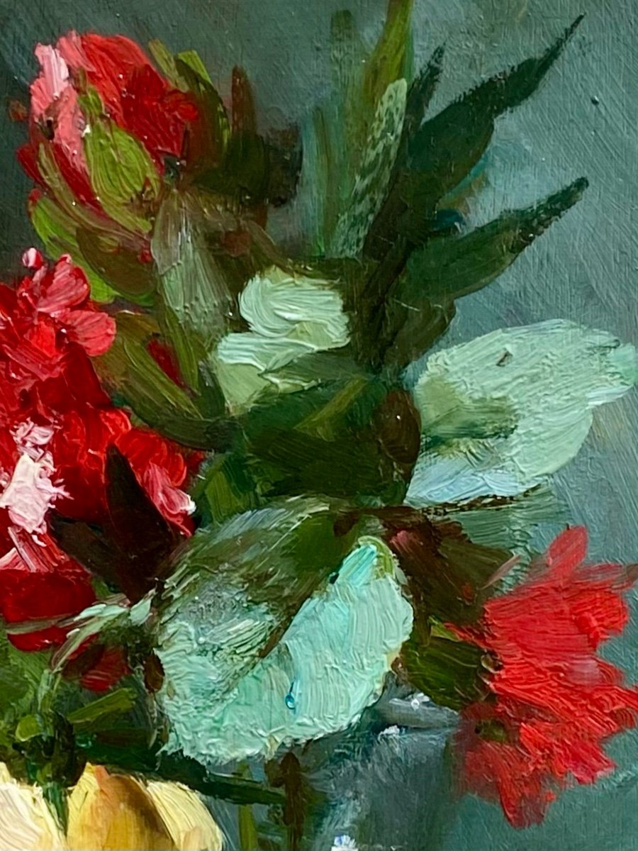 Hubert Bellis (1831 - Bruxelles - 1902) - Roses rouges et jaunes dans un vase en verre-photo-3