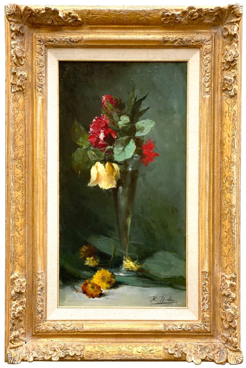 Hubert Bellis (1831 - Bruxelles - 1902) - Roses rouges et jaunes dans un vase en verre