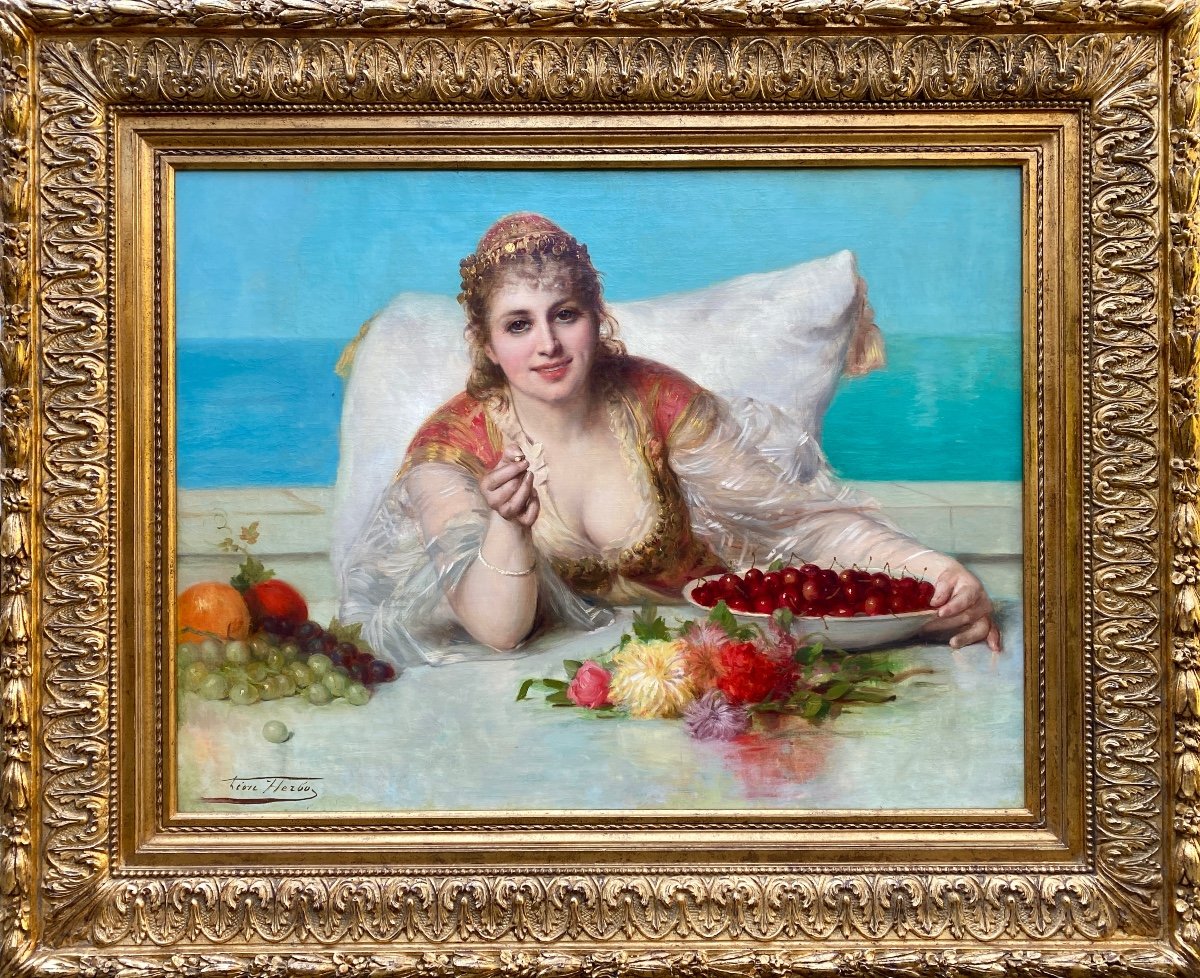 Léon Herbo, Templeuve 1850 - 1907 Ixelles, Peintre Belge, Femme Orientale Avec Fruits Et Fleurs