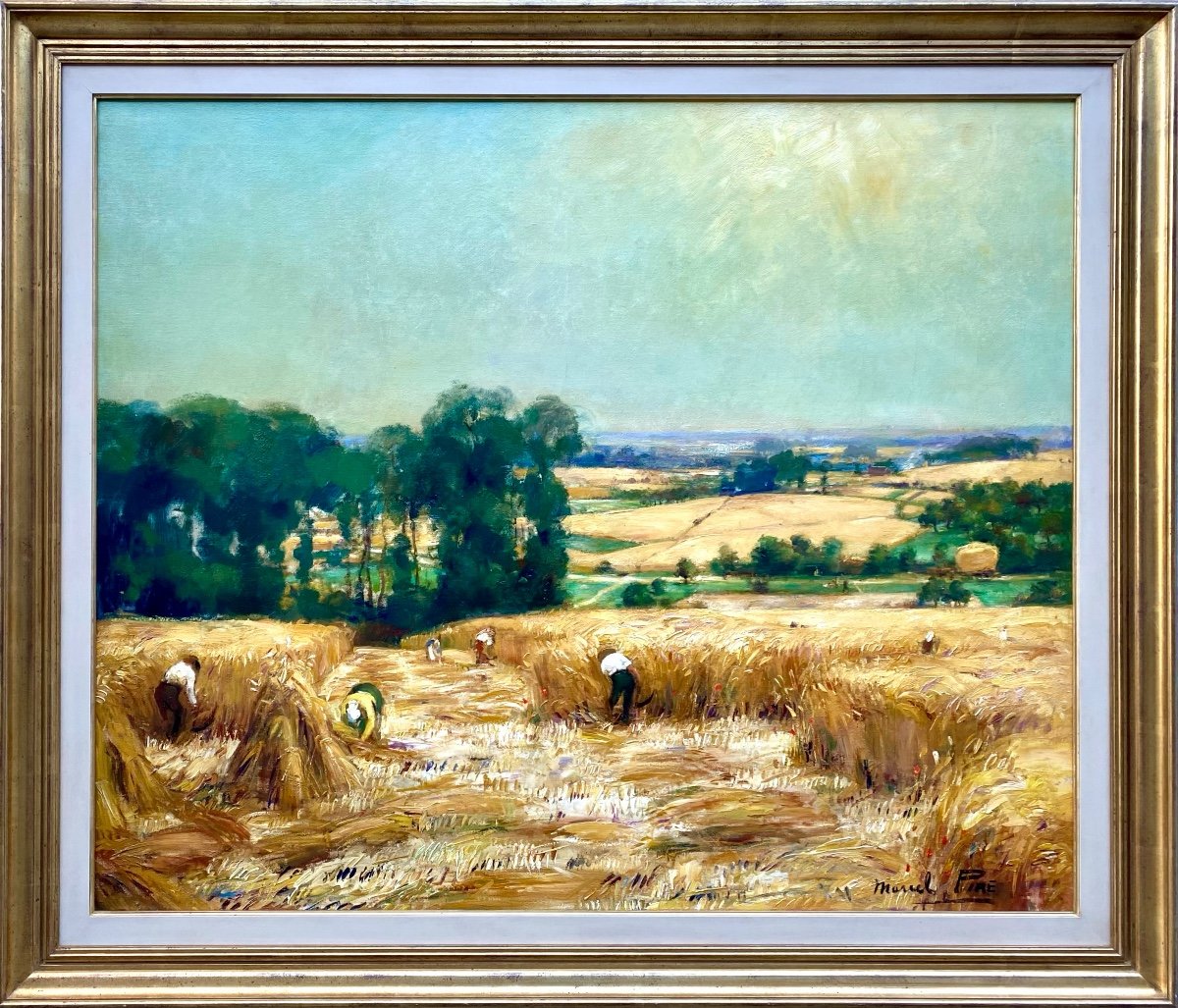 Marcel Pire, 1913 – 1981, Belgian Painter, Wheat Field With Working Farmers