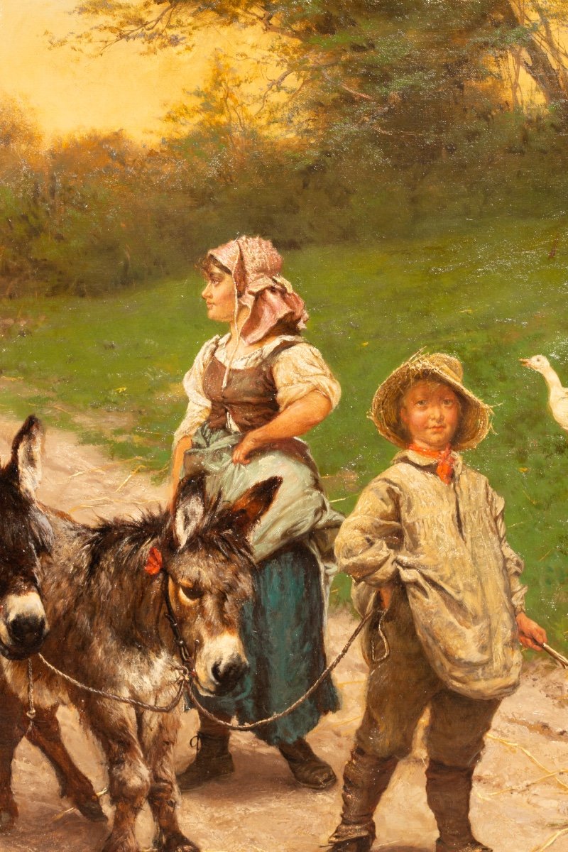 Edgar Bundy, Brighton 1862 – 1922 Londres, ' Peasant Children Walking The Donkeys ', Signé 1885-photo-2