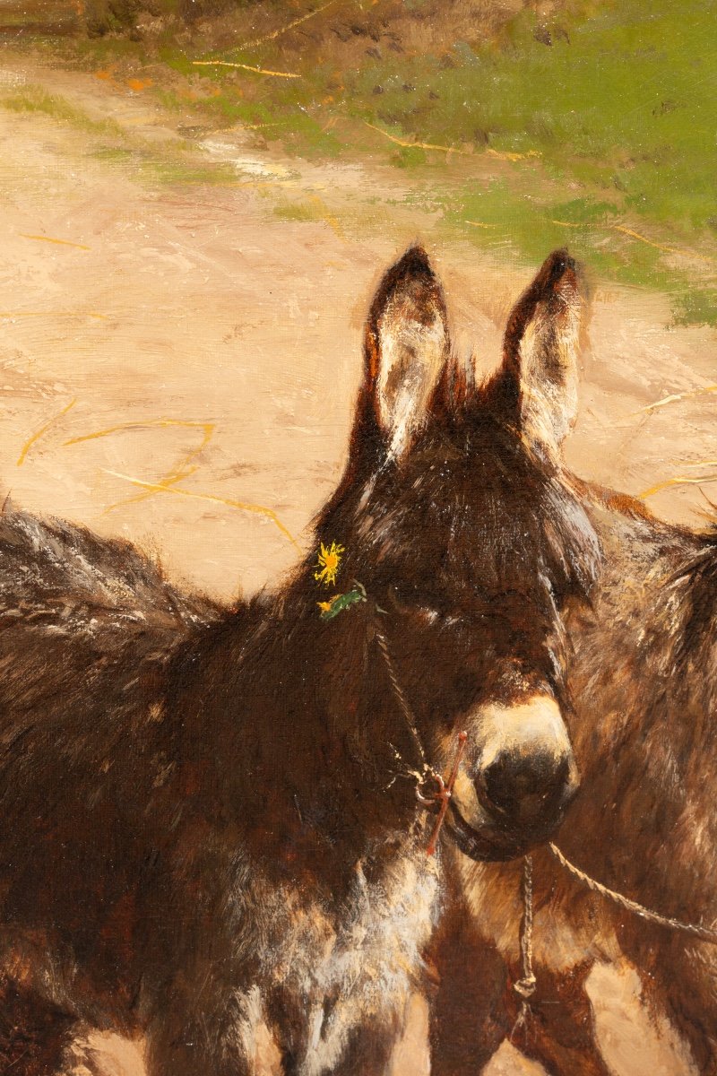 Edgar Bundy, Brighton 1862 – 1922 Londres, ' Peasant Children Walking The Donkeys ', Signé 1885-photo-3