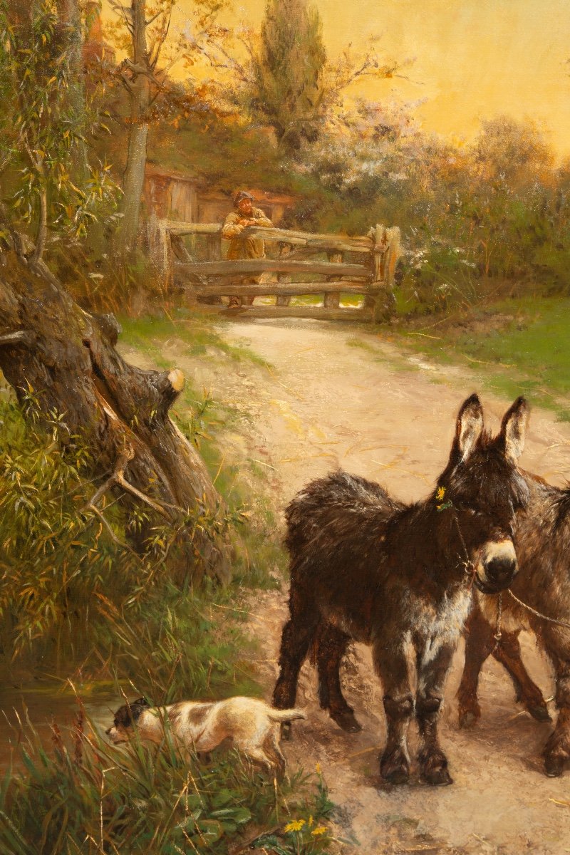 Edgar Bundy, Brighton 1862 – 1922 Londres, ' Peasant Children Walking The Donkeys ', Signé 1885-photo-8