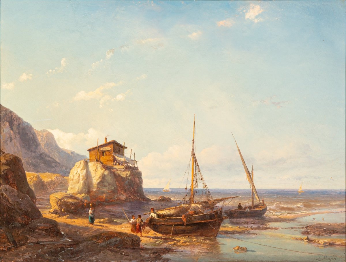 Johan Hendrik Meijer (1809 – 1866) -  Anse des pêcheurs avec deux bateaux de pêche sur la plage-photo-3