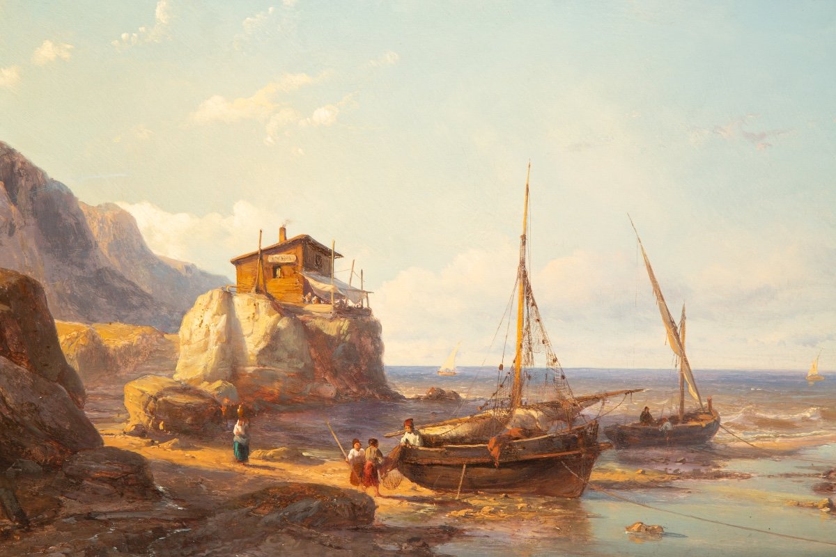 Johan Hendrik Meijer (1809 – 1866) - Fisherman's Cove With Two Fishing Boats On The Beach-photo-3
