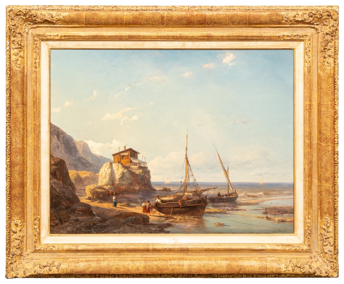 Johan Hendrik Meijer (1809 – 1866) - Fisherman's Cove With Two Fishing Boats On The Beach