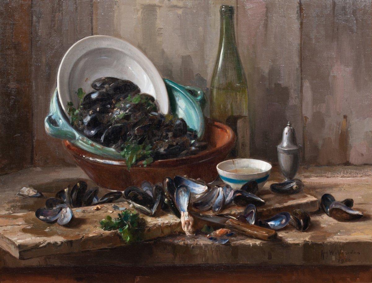 August Willem Van Voorden (1881 - 1921) - Nature Morte Après Un Repas De Moules-photo-4