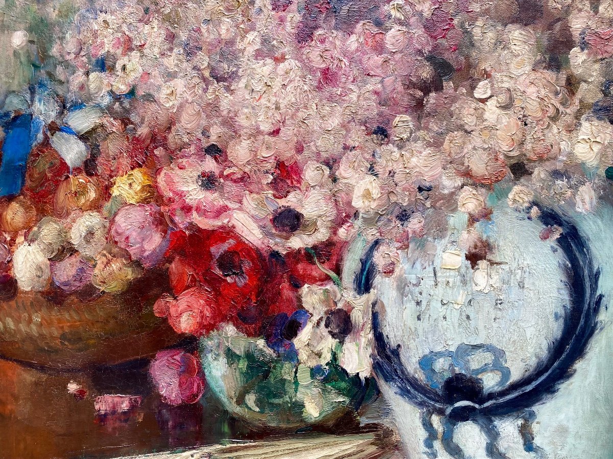 Fernand Toussaint (1873 – 1956) - ' Still Life With Flowers In A Vase And Folding Fan'-photo-3