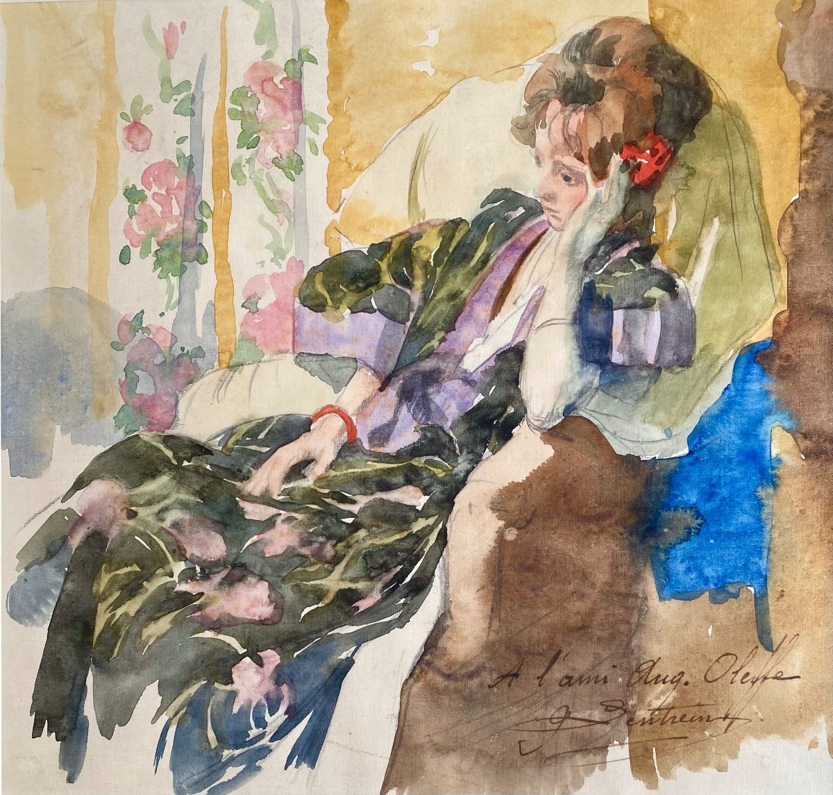 Jules Lentrein (1875 - Brussels - 1943) - 'lady In Thoughts', Watercolor-photo-2