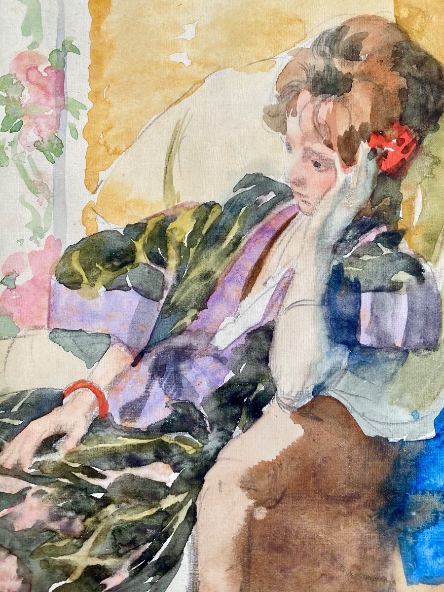 Jules Lentrein (1875 - Brussels - 1943) - 'lady In Thoughts', Watercolor-photo-4