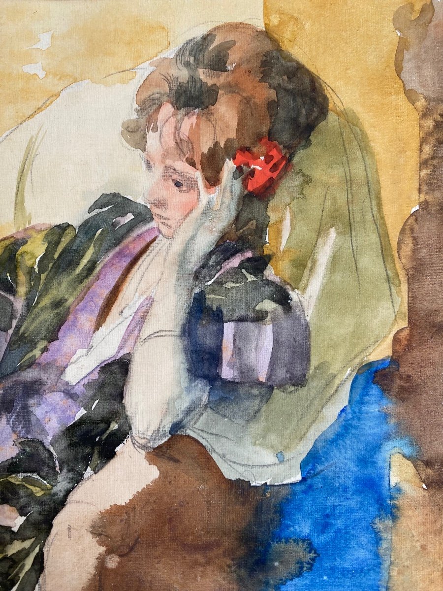 Jules Lentrein (1875 - Brussels - 1943) - 'lady In Thoughts', Watercolor-photo-1