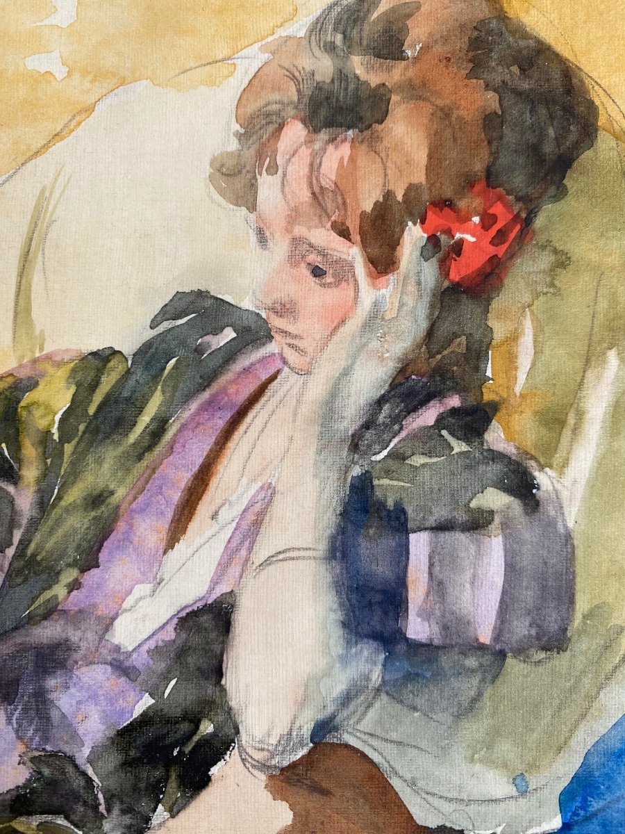 Jules Lentrein (1875 - Brussels - 1943) - 'lady In Thoughts', Watercolor-photo-2