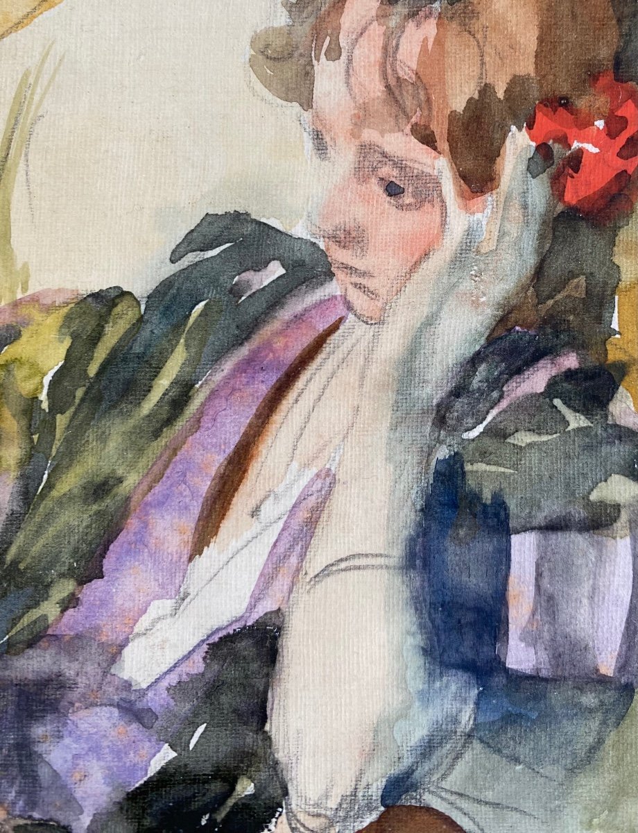 Jules Lentrein (1875 - Brussels - 1943) - 'lady In Thoughts', Watercolor-photo-3