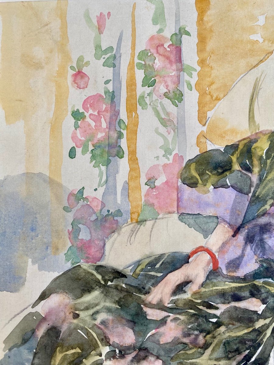 Jules Lentrein (1875 - Brussels - 1943) - 'lady In Thoughts', Watercolor-photo-5