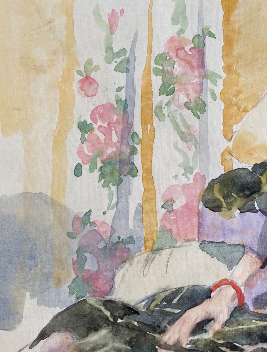 Jules Lentrein (1875 - Brussels - 1943) - 'lady In Thoughts', Watercolor-photo-6