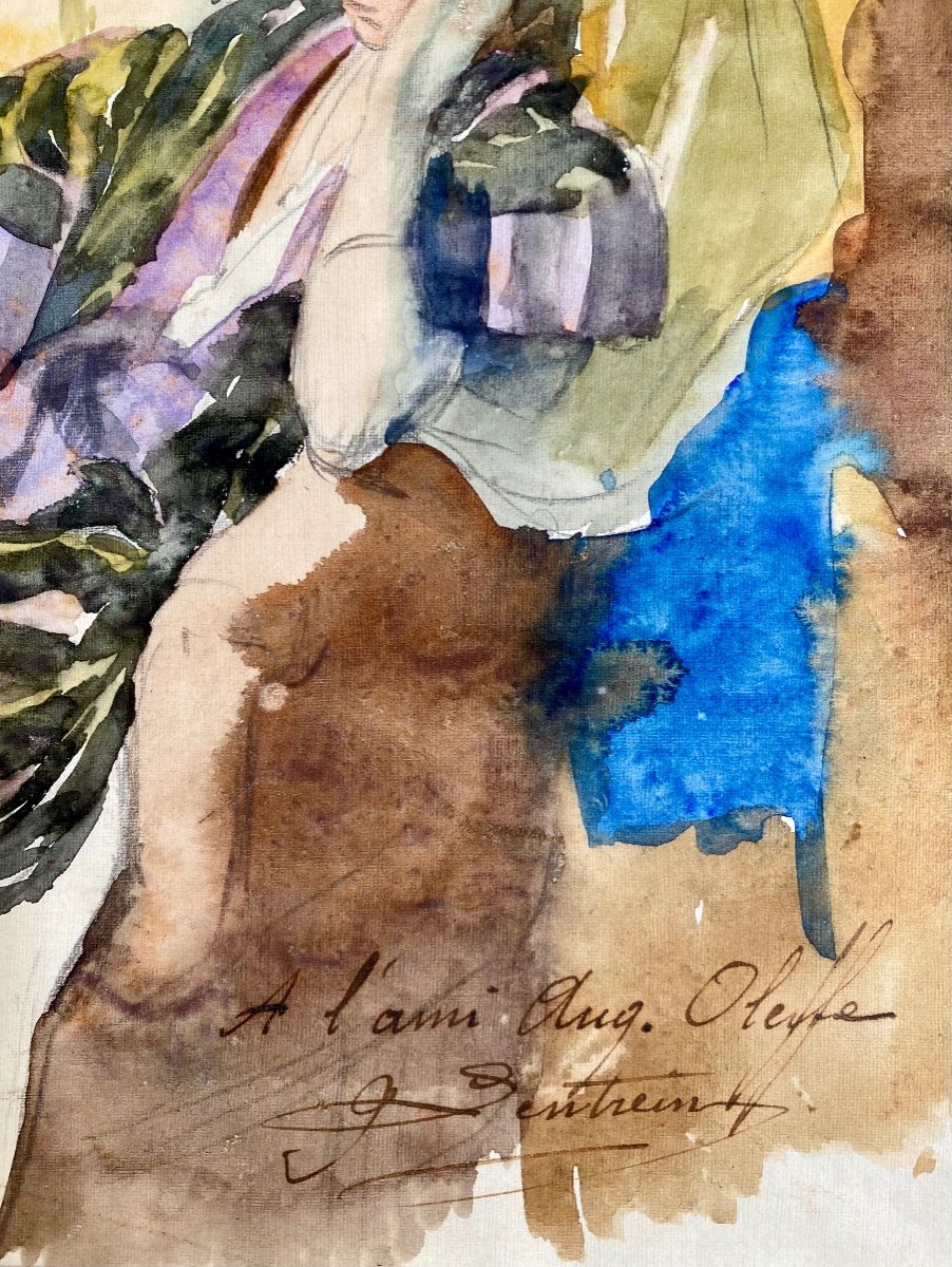 Jules Lentrein (1875 - Brussels - 1943) - 'lady In Thoughts', Watercolor-photo-7