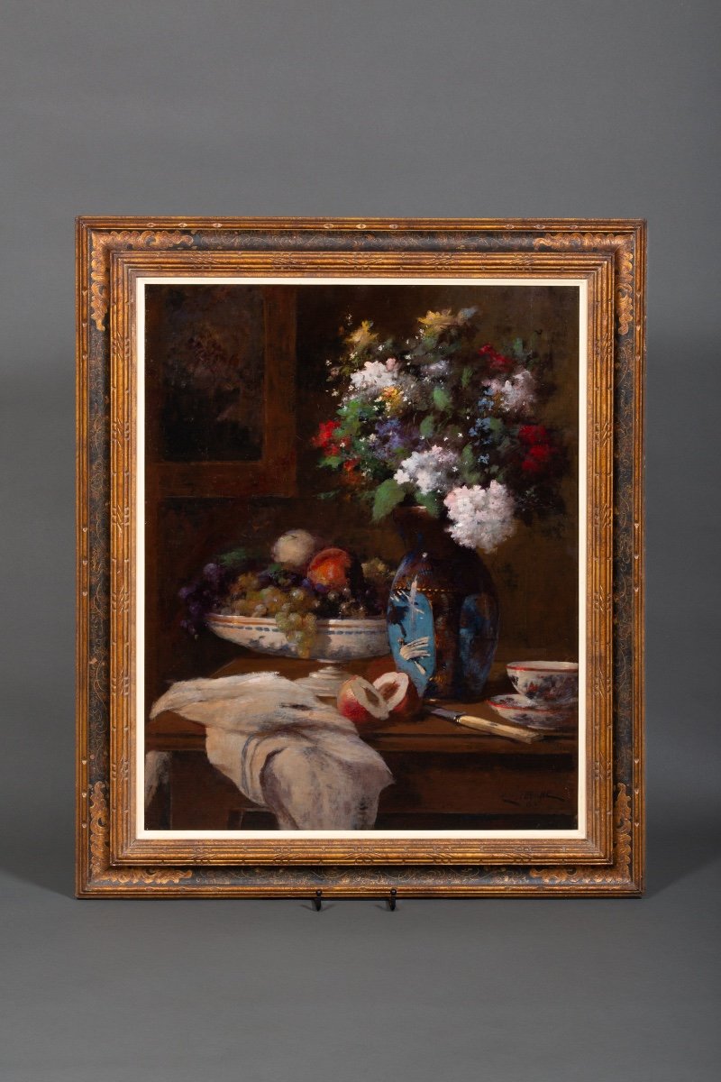 Jean Eritziane (1850 – 1925) Peintre Arménien – Français, ' Nature Morte Avec Fleurs Et Fruits'-photo-3