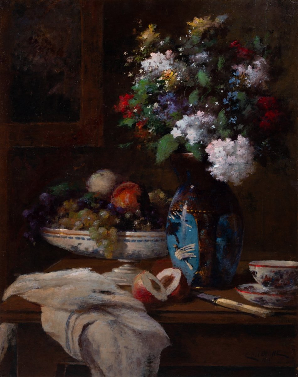 Jean Eritziane (1850 – 1925) Peintre Arménien – Français, ' Nature Morte Avec Fleurs Et Fruits'-photo-4