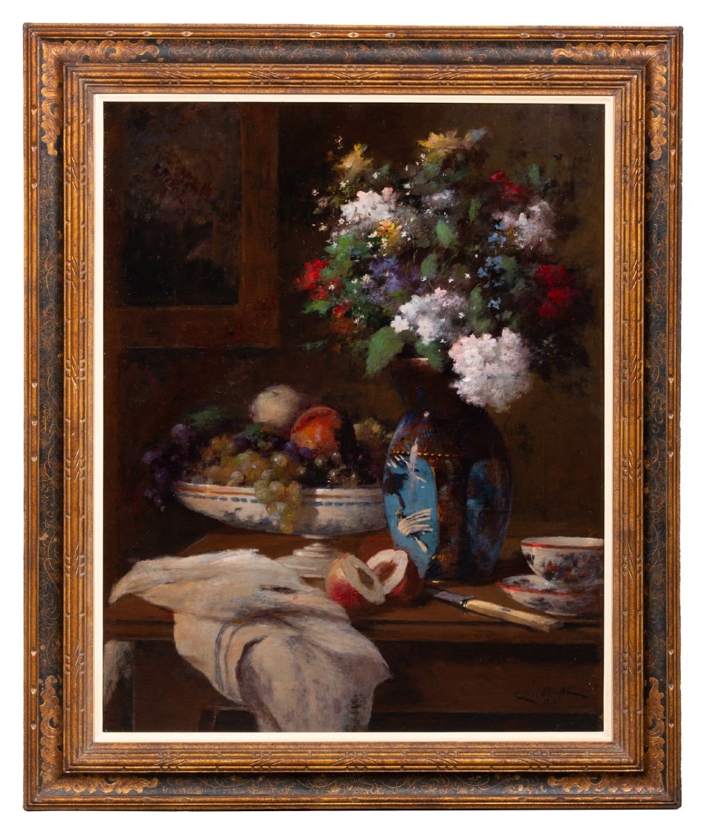 Jean Eritziane (1850 – 1925) Peintre Arménien – Français, ' Nature Morte Avec Fleurs Et Fruits'