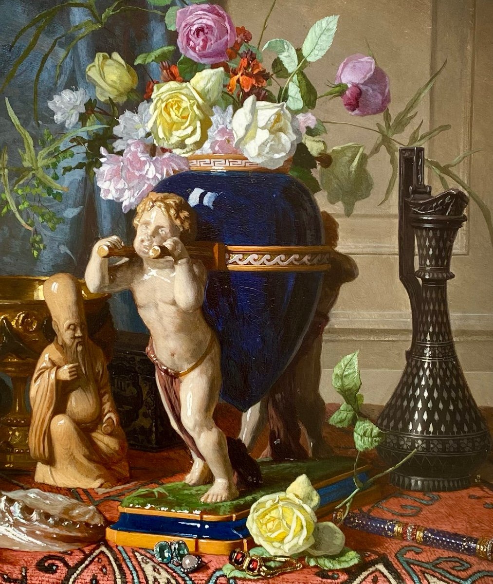 David De Noter ( Ghent 1818 – 1892 Bologhine) - ' Still Life With A Lapis Lazuli Vase'-photo-4