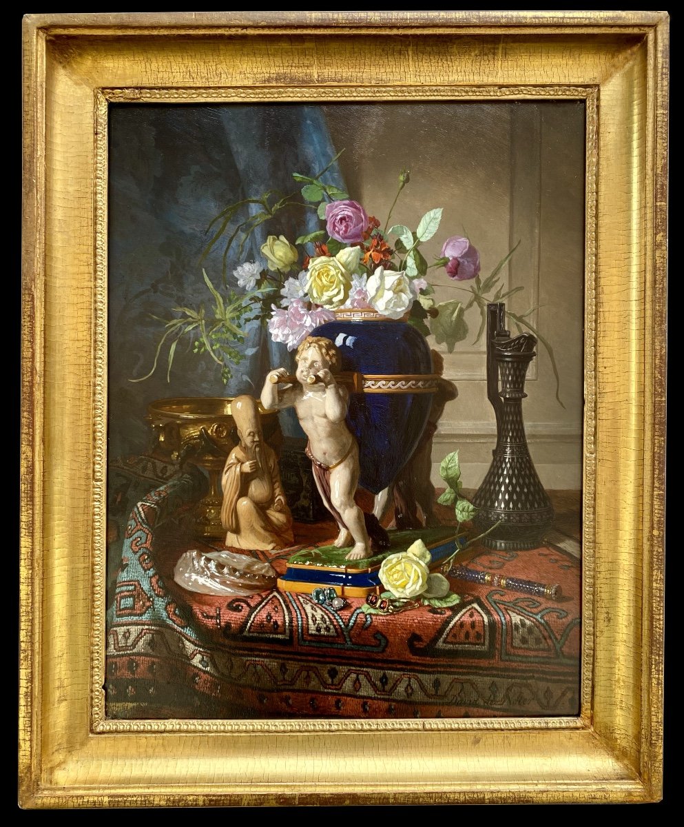 David De Noter ( Ghent 1818 – 1892 Bologhine) - ' Still Life With A Lapis Lazuli Vase'-photo-2