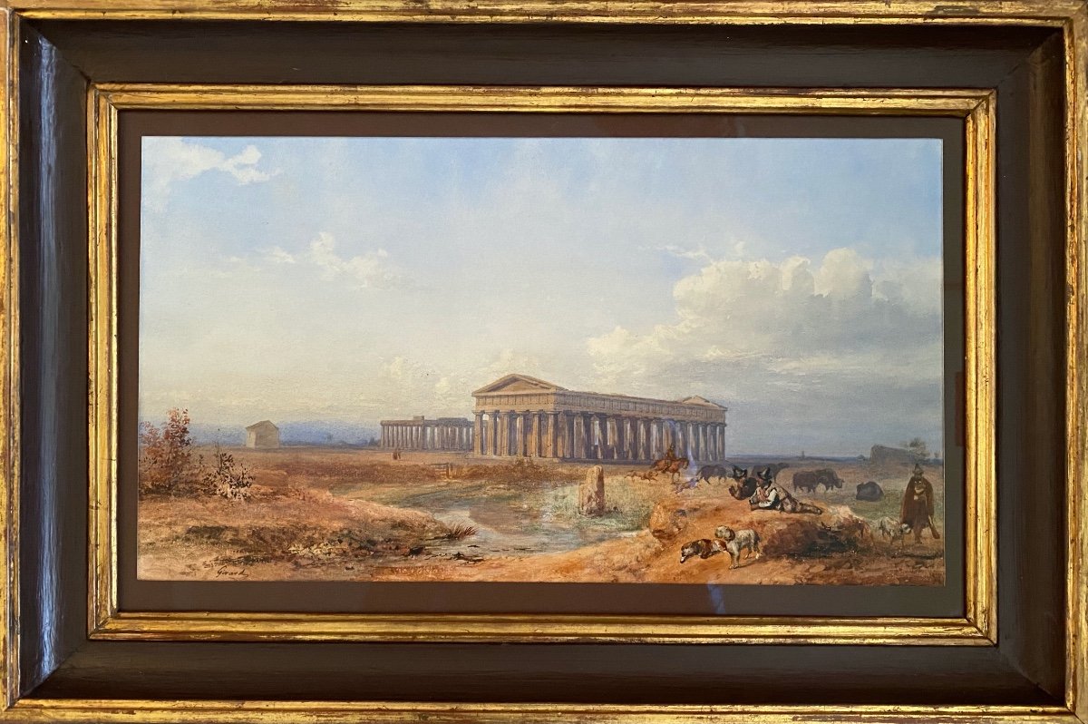Paul Albert Girard,  Paris 1839 – 1920 , Peintre Français, ' Les Temples Grecs de Paestum'