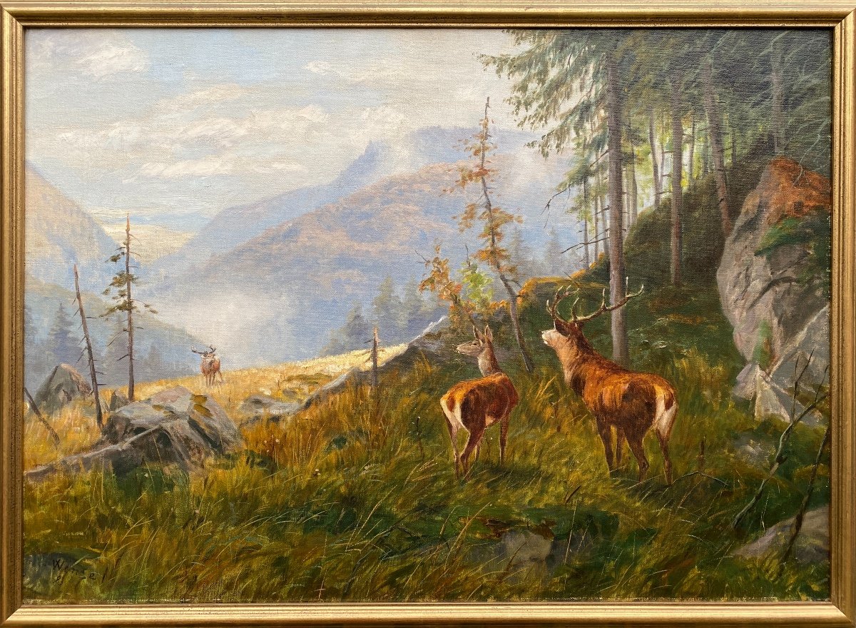 Deer In A Mountain Landscape, Wenzel Karl-heinz, 20th Century