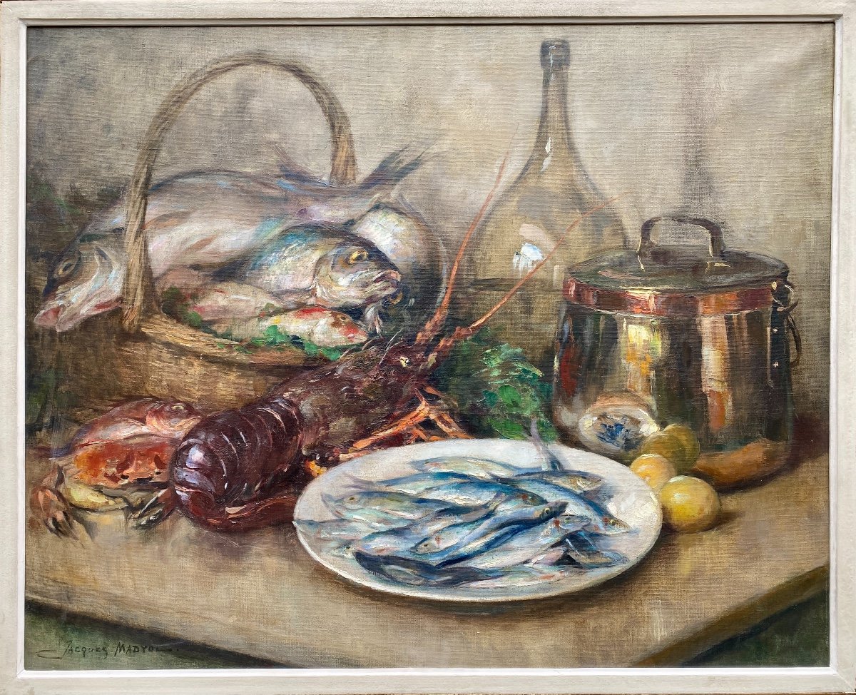 Nature morte aux fruits de mer méditerranéens, Madyol Jacques, Bruxelles 1871 - 1950, Peintre Belge