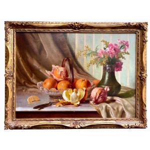 Edward Van Ryswyck, Antwerp 1871 - 1931, Belgian Painter, Still Life With Oranges And Flowers