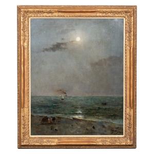 Alfred Stevens ( Bruxelles 1823 - 1906 Paris ) - 'Clair De Lune Sur La Mer', Signée et datée 92