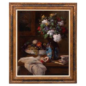 Jean Eritziane (1850 – 1925) Peintre Arménien – Français, ' Nature Morte Avec Fleurs Et Fruits'