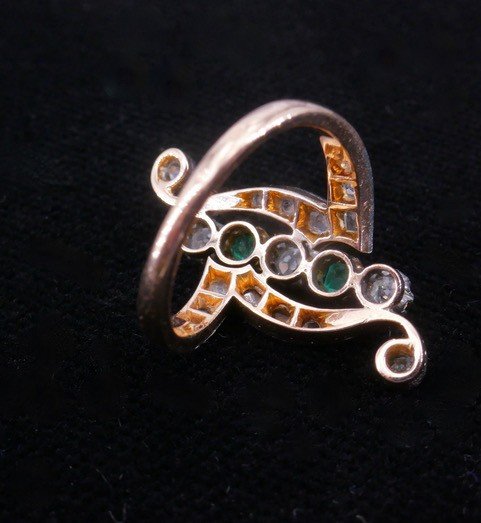 Ring Gold Platinum Emeralds And Diamonds Late XIXth Century-photo-3