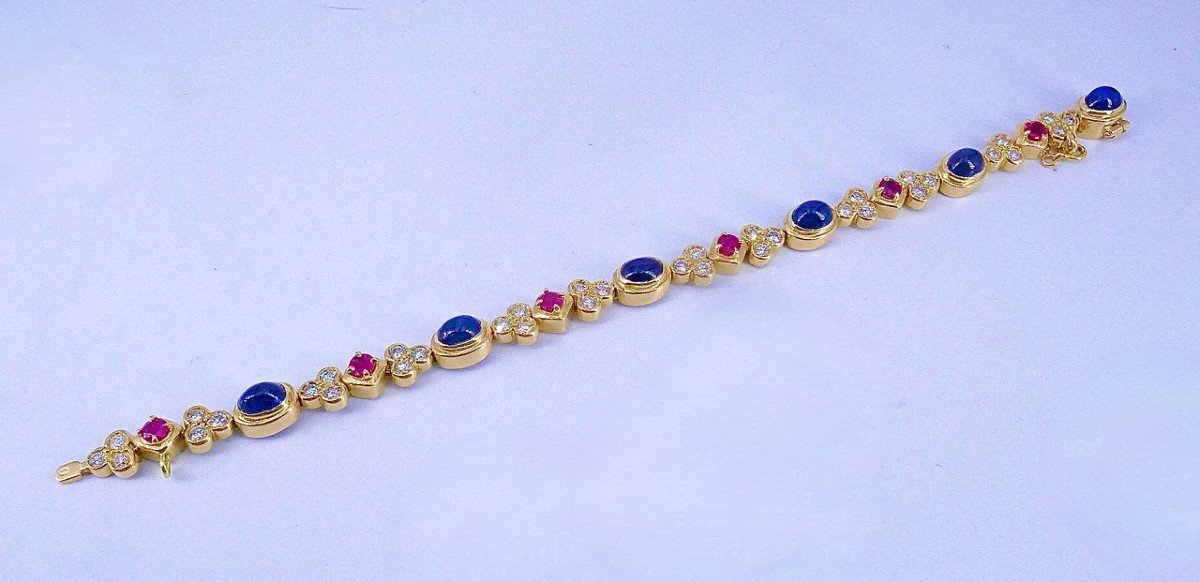 Rivière Bracelet Yellow Gold Sapphires Cabochons Rubies And Diamonds-photo-3