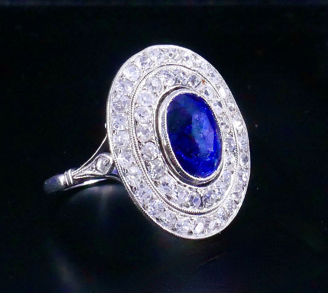Platinum Ring 1930s Ceylon Sapphire Diamonds -photo-1