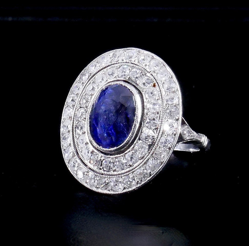 Platinum Ring 1930s Ceylon Sapphire Diamonds -photo-5