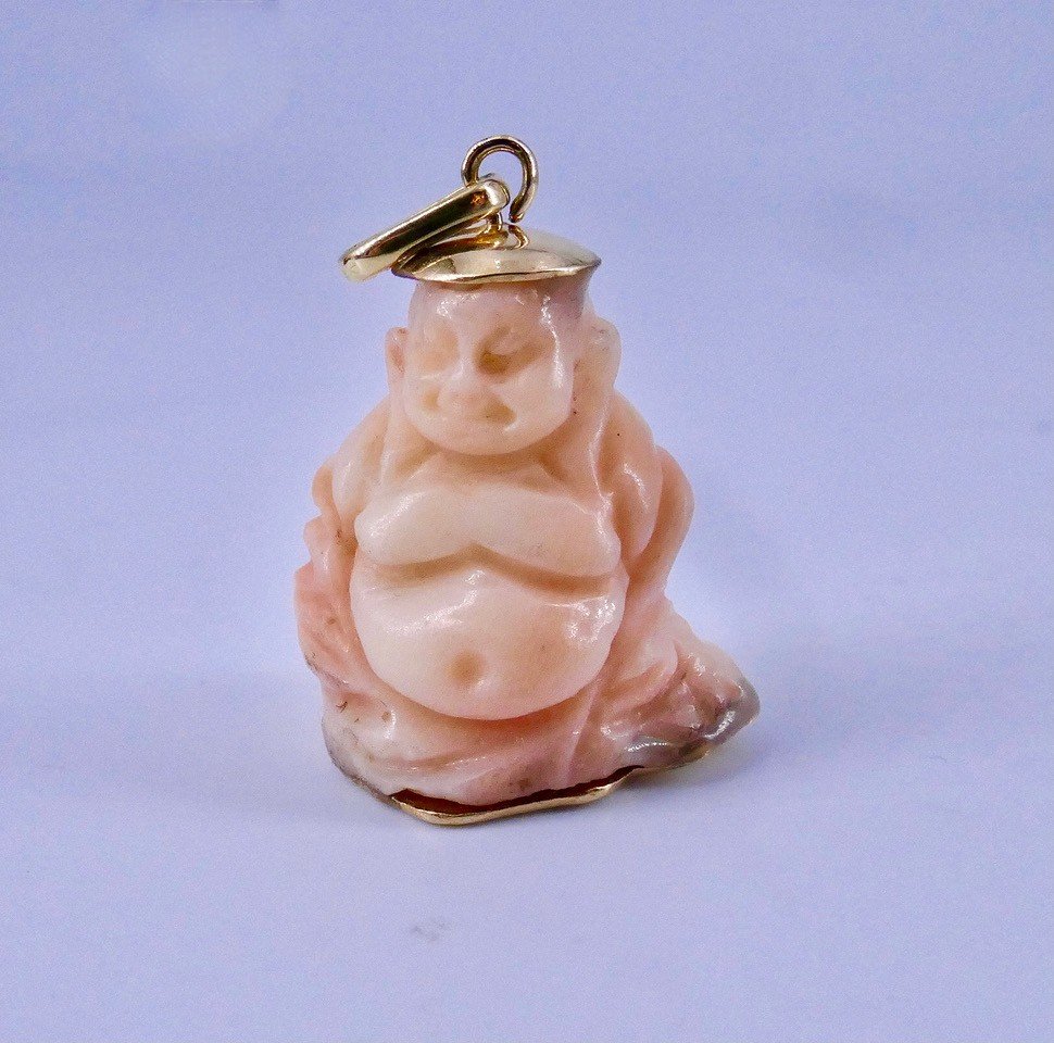 Gold Peach Coral Buddha Pendant