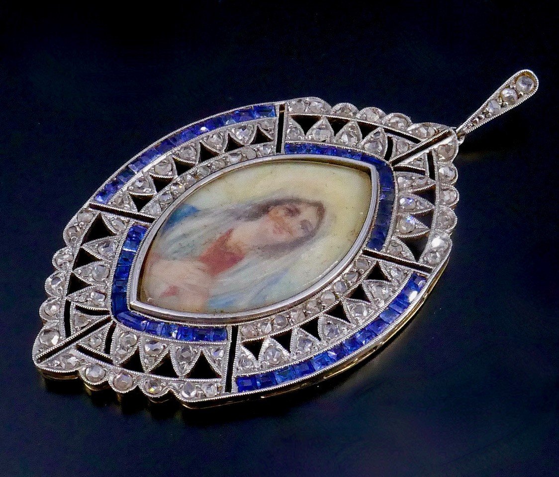 Religious Pendant In The Shape Of A Mandorla Platinum Gold Diamonds And Blue Stones