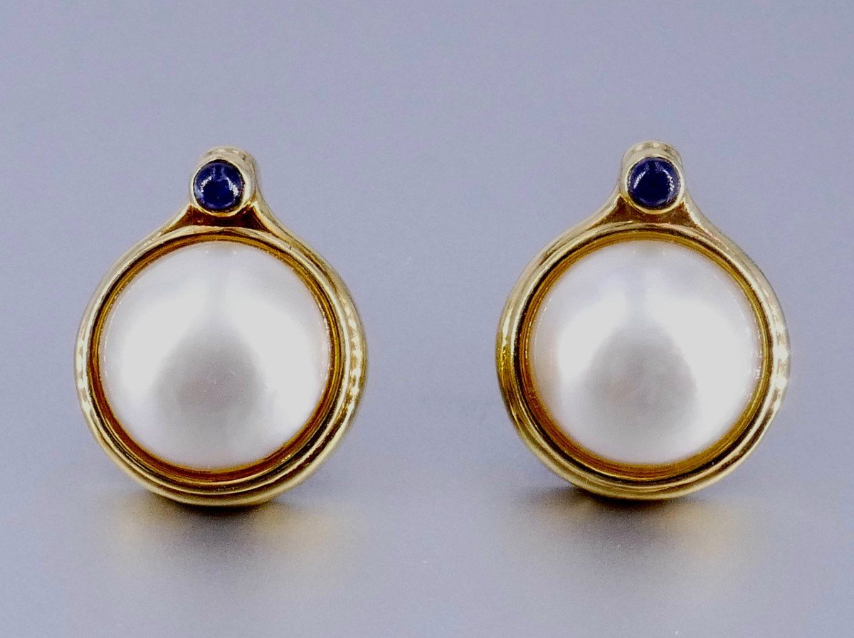 Mabé Sapphire Pearl Gold Clip Earrings