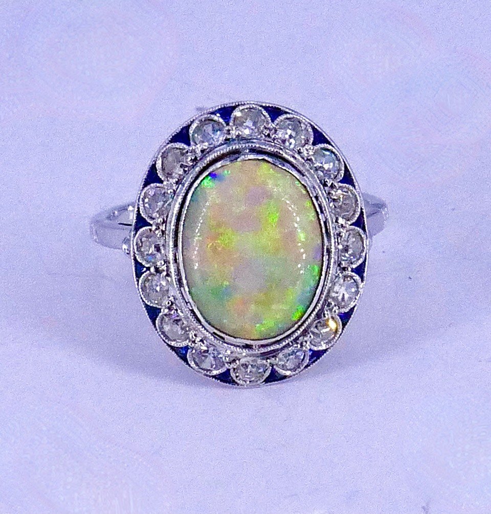 Bague Opale Diamants Saphirs 1920/1930