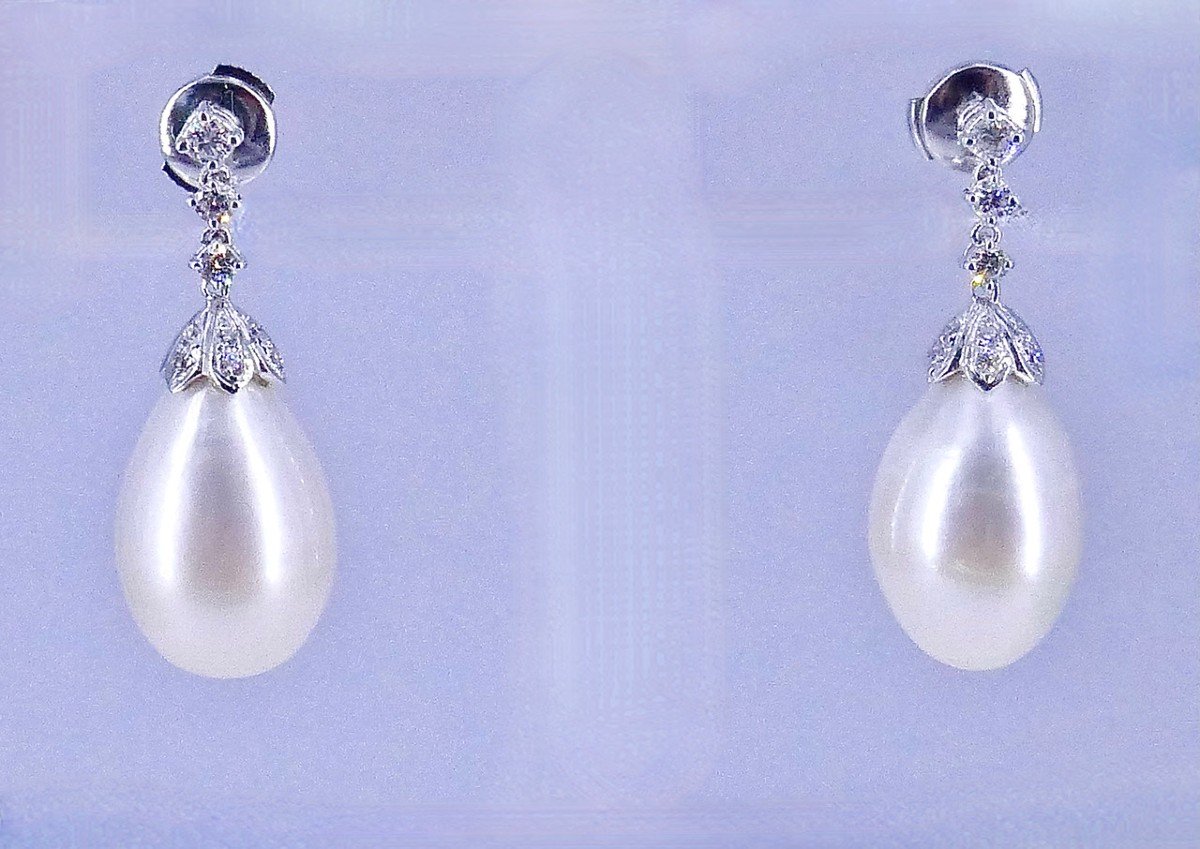 Boucles d'Oreilles Or Gris Perles Diamants Branar-photo-3