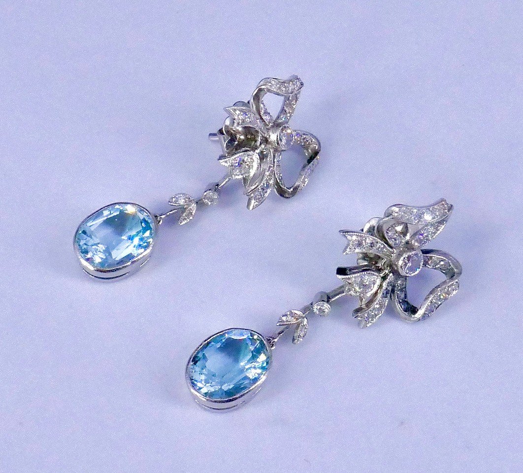 Pendants d'Oreilles 1920 Platine Diamants Aigue-marine -photo-4