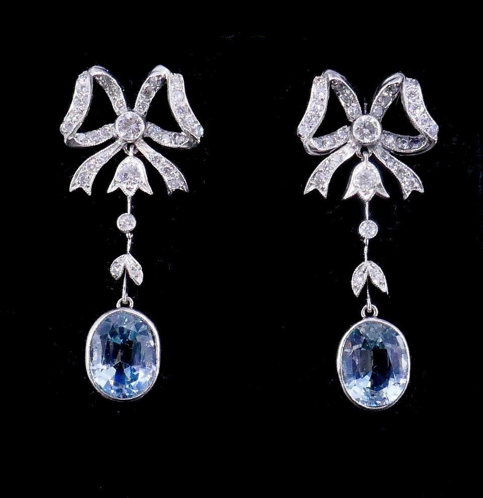 Pendants d'Oreilles 1920 Platine Diamants Aigue-marine 