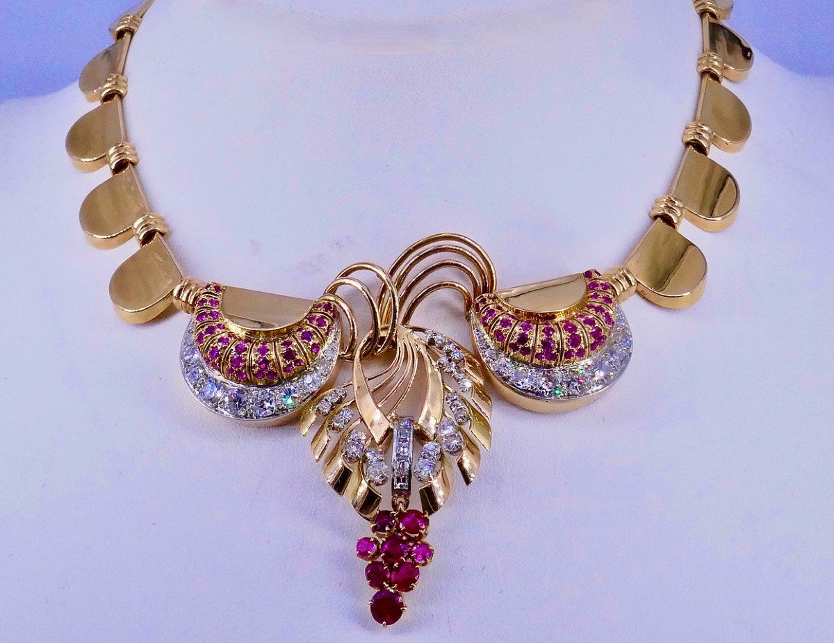 Verneuil Yellow Gold Diamond Ruby Tank Necklace-photo-3